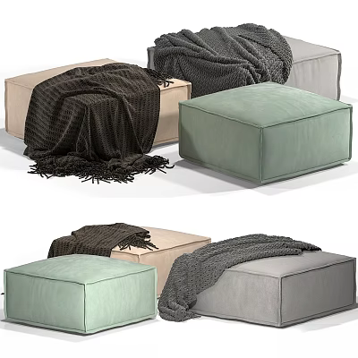 Stylish Ottoman Seats in Light Green Beige and Gray with Soft Blanket 3d model