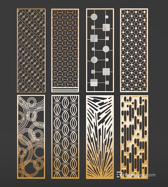 Decorative Room Dividers With Various Geometric Patterns And Golden Accents 3d model 