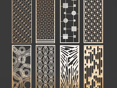 Decorative Room Dividers With Various Geometric Patterns And Golden Accents 3d model