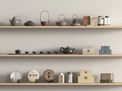 Elegant Tea Ware Display On Wooden Shelves With Teapots Teacups Tea Cakes And Jars 3d model