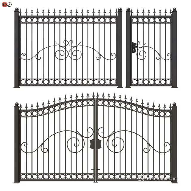 Decorative Wrought Iron Gate Components With Curved Scrolls Spiked Tops And Lock Details 3d model 