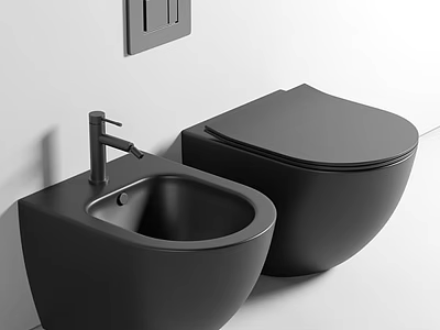 Sleek Modern Black Toilet In Bathroom Interior With Matching Sink And Faucet 3d model