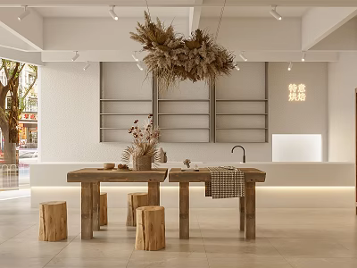 Dessert Shop Interior Featuring Wooden Tables Stools Wall Shelves And Dried Grass Decor 3d model