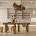 Dessert Shop Interior Featuring Wooden Tables Stools Wall Shelves And Dried Grass Decor
