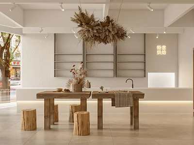 Dessert Shop Interior Featuring Wooden Tables Stools Wall Shelves And Dried Grass Decor 3d model