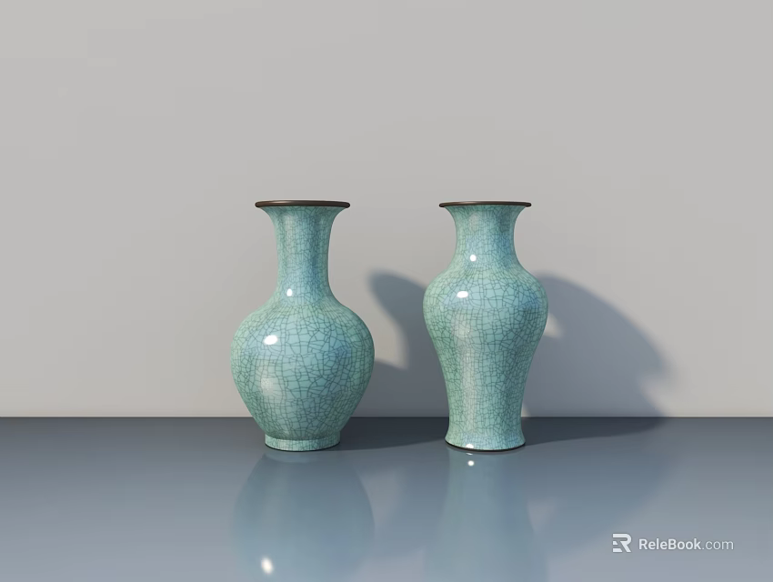 Two Turquoise Ceramic Vases with Crackle Texture on Gray Tabletop and Light Gray Wall Background 3d model 