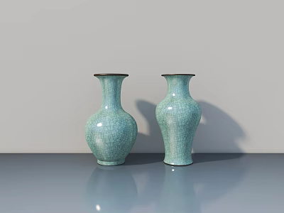 Two Turquoise Ceramic Vases with Crackle Texture on Gray Tabletop and Light Gray Wall Background 3d model