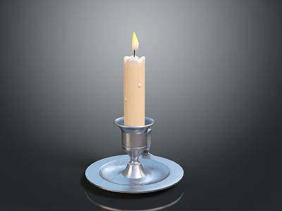 Lit Beige Candle On Silver Candlestick With Round Base For Home Decor 3d model