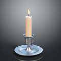 Lit Beige Candle On Silver Candlestick With Round Base For Home Decor 3d model