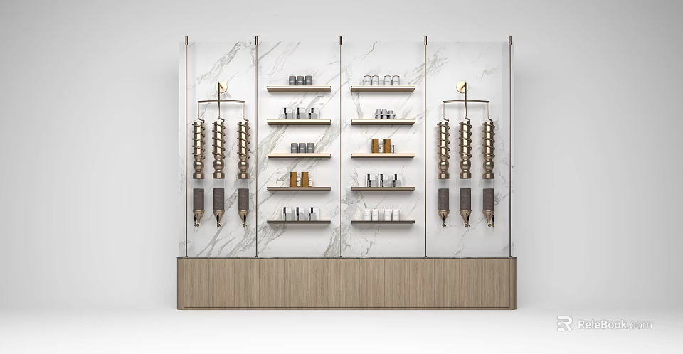 Modern Storage Cabinet Rack With Marble Wall Panel Multiple Shelves And Wooden Base 3d model 