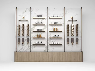 Modern Storage Cabinet Rack With Marble Wall Panel Multiple Shelves And Wooden Base 3d model