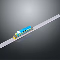Detailed Blue Train Model Moving on Straight White Track with Dark Background