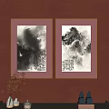Two Framed Chinese Ink Paintings With Mountain Scenes Calligraphy On Wall And Decorative Items