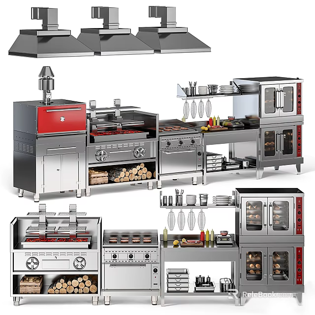 Stainless Steel Kitchen Appliances With Oven Stove Range Hood And Cabinets 3d model 