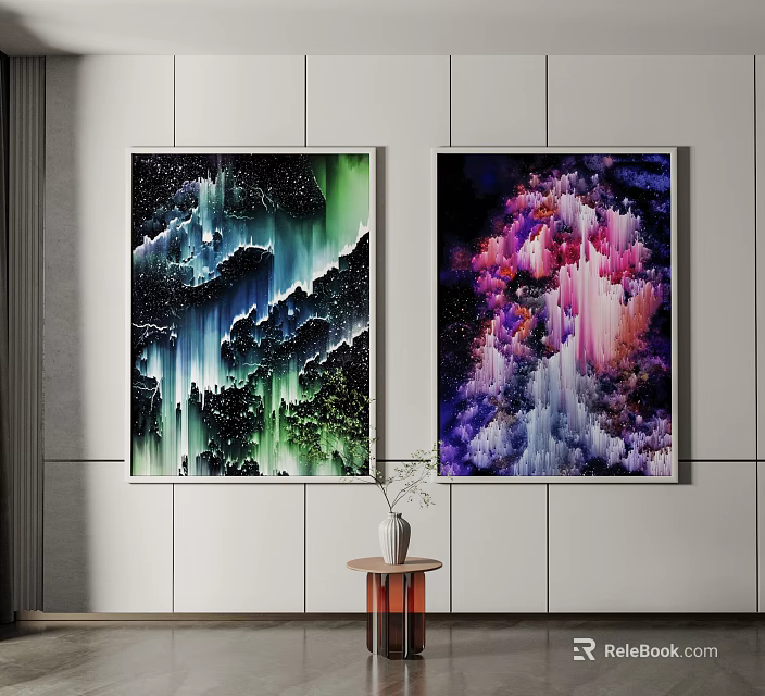 Colorful Abstract Paintings On Modern Wall With Side Table And Vase 3d model 