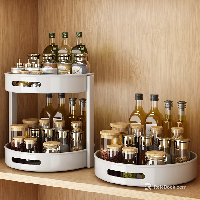 Organized Various Spice Bottles On White Rotating Kitchen Shelf With Wooden Background 3d model 