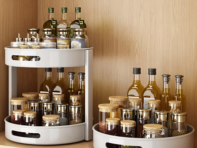 Organized Various Spice Bottles On White Rotating Kitchen Shelf With Wooden Background 3d model