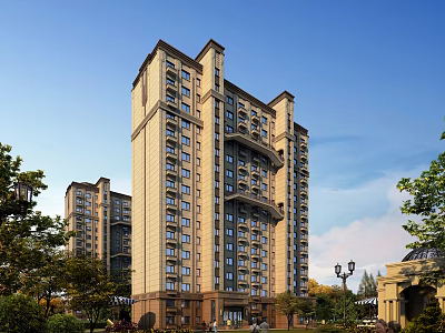 Elegant High Rise Residential Building With Modern Facade And Surrounding Greenery Trees 3d model