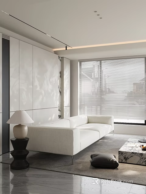 Modern Living Room Interior With White Sofa Blinds Table Lamp And White Walls 3d model 