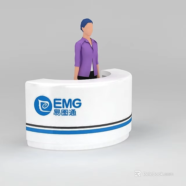 Modern Technology Exhibition Hall Featuring Curved EMG Logo Reception Desk And Staff Member 3d model 