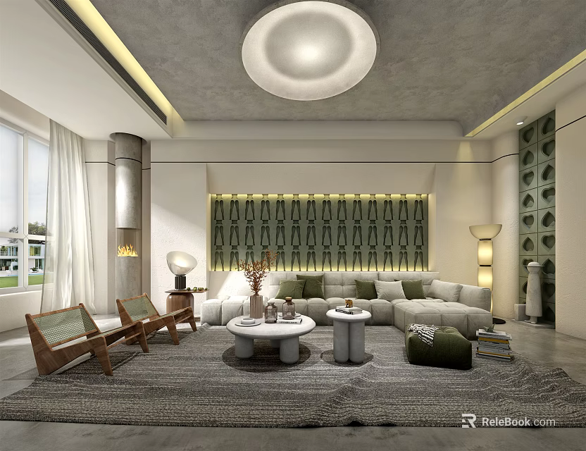 Modern Living Room Interior With L Shaped Sofa Round Coffee Tables And Geometric Accent Wall 3d model 