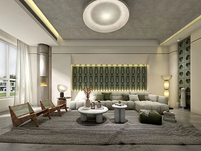 Modern Living Room Interior With L Shaped Sofa Round Coffee Tables And Geometric Accent Wall 3d model