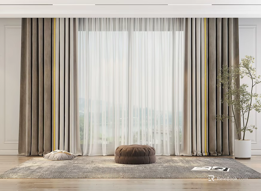 Layered Brown And White Curtains In Interior With Large Window Rug Poufs And Plant 3d model 