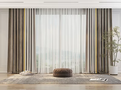 Layered Brown And White Curtains In Interior With Large Window Rug Poufs And Plant 3d model