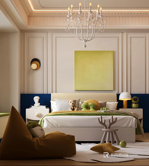 Kids Room Interior Design With Yellow Painting Stuffed Toys And Decorative Wall Paneling 3d model 