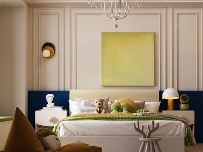 Kids Room Interior Design With Yellow Painting Stuffed Toys And Decorative Wall Paneling 3d model