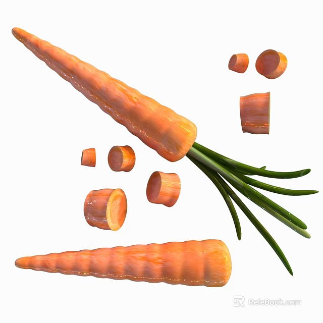 Fresh Whole And Sliced Carrots With Green Stems 3d model 