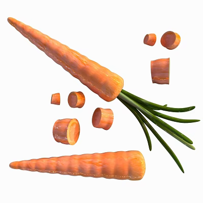 Fresh Whole And Sliced Carrots With Green Stems 3d model