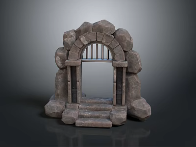 Medieval Stone Archway Structure With Rough Stone Framing Grille And Steps 3d model