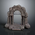 Medieval Stone Archway Structure With Rough Stone Framing Grille And Steps