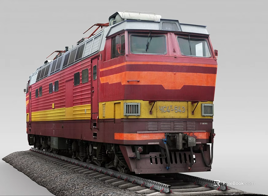 Red And Yellow Train Locomotive Front View On Railway Track With Gravel 3d model 