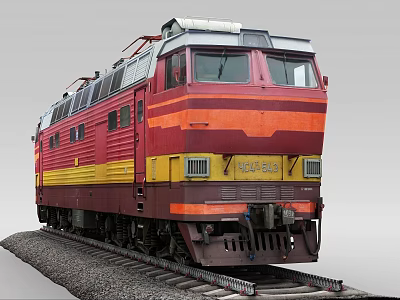 Red And Yellow Train Locomotive Front View On Railway Track With Gravel 3d model