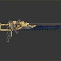 Golden Mechanical Sword With Blue Blade Chain And Ornate Emblem Design