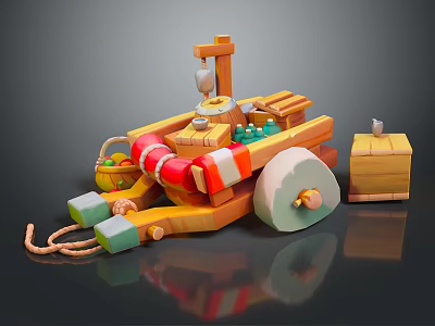 3D Wooden Boat Model With Lifebuoy Rope Bird Green Barrel And Wooden Bucket 3d model