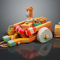 3D Wooden Boat Model With Lifebuoy Rope Bird Green Barrel And Wooden Bucket