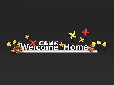 Welcome Home Decoration With Yellow Flowers Red Yellow Pinwheels And Black Background 3d model