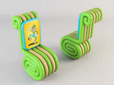 Green Coiled Design Children's Chair With Yellow Panel And Playful Cartoon Character 3d model