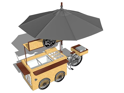 Food Cart With Large Umbrella Serving Area And Wheels 3d model