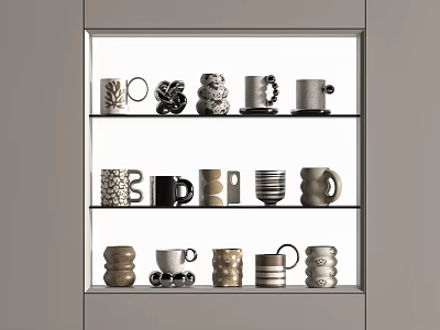 Various Designed Decorative Cups Arranged On Multiple Shelves In Display Cabinet 3d model