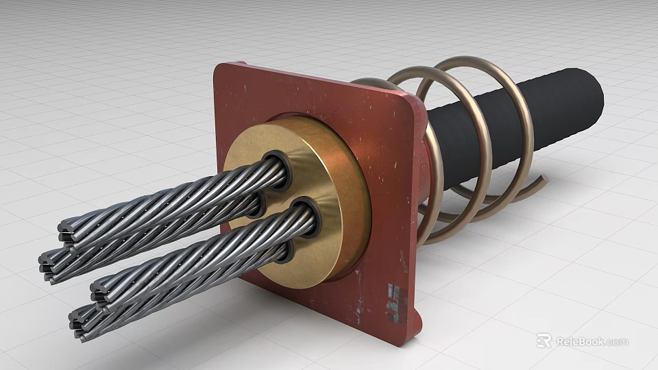 Red Square Metal Component With Golden Ring Black Steel Cables And Coiled Metal Spring 3d model 
