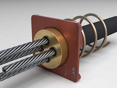 Red Square Metal Component With Golden Ring Black Steel Cables And Coiled Metal Spring 3d model