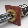 Red Square Metal Component With Golden Ring Black Steel Cables And Coiled Metal Spring