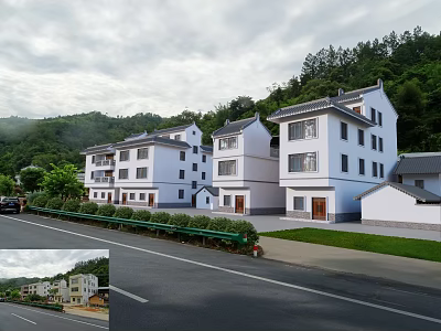 Traditional White Village Houses Multi story Design With Green Mountain Views Along Country Road 3d model