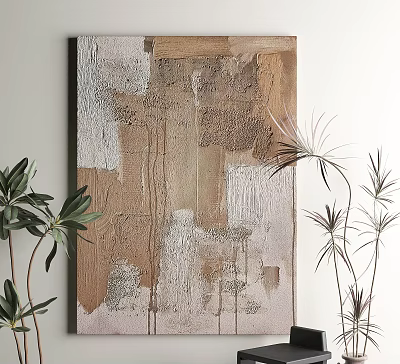 Contemporary Abstract Painting On Wall With Neutral Tones Textured Brushstrokes And Green Plants 3d model