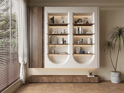 Modern Elegant Decorative Cabinet With Open Storage Shelves And Decor Items By Window And Plant 3d model