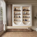 Modern Elegant Decorative Cabinet With Open Storage Shelves And Decor Items By Window And Plant